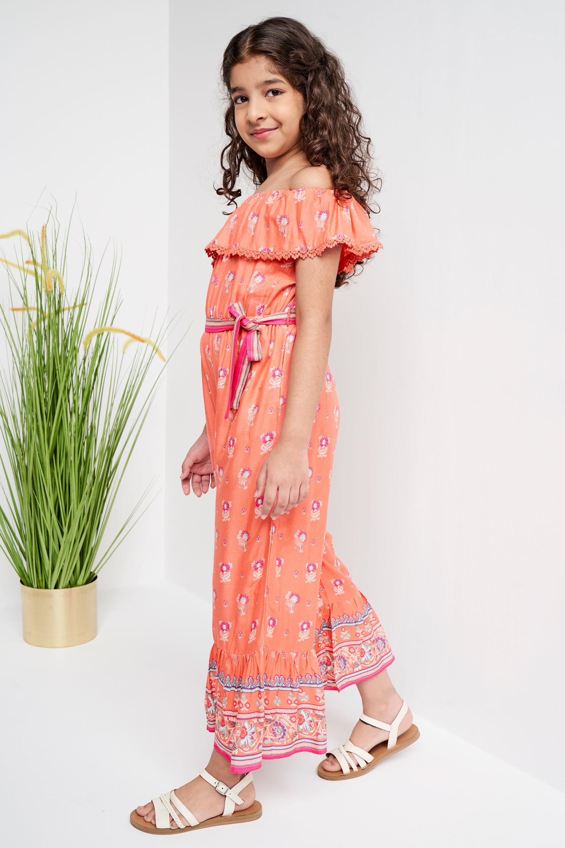 Coral Self Design Flounce Jumpsuit, Coral, image 3